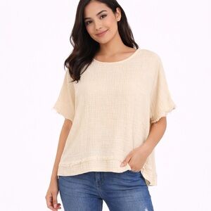 Women's Umgee Cream Soft Yellow Gauze Short Sleeve Tee Top Size S